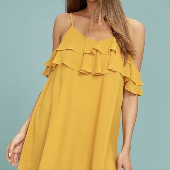 Lulus Ruffle Mini Chiffon Shift Dress Cold Shoulder Yellow Size Small - Picture 2 of 7